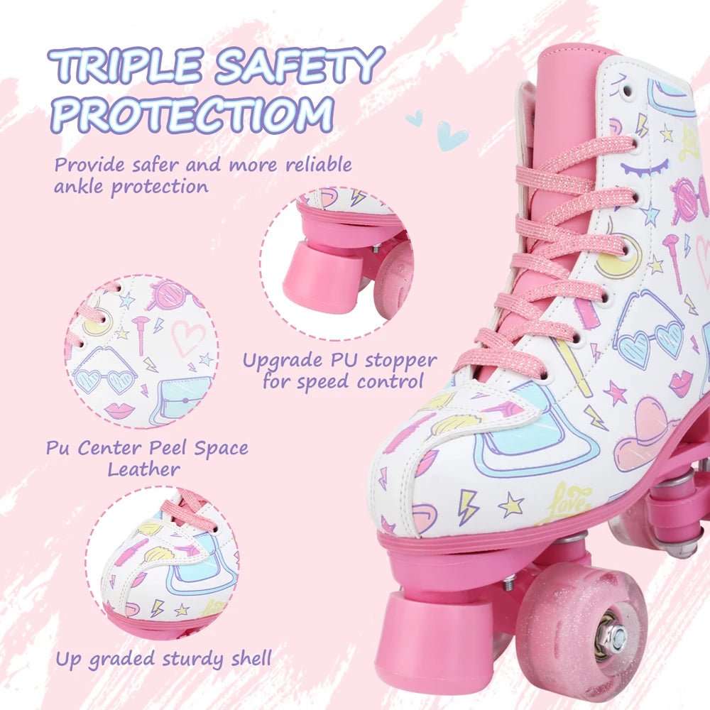 Outdoor PU leather quad roller skates for kids and girls, beginner-friendly